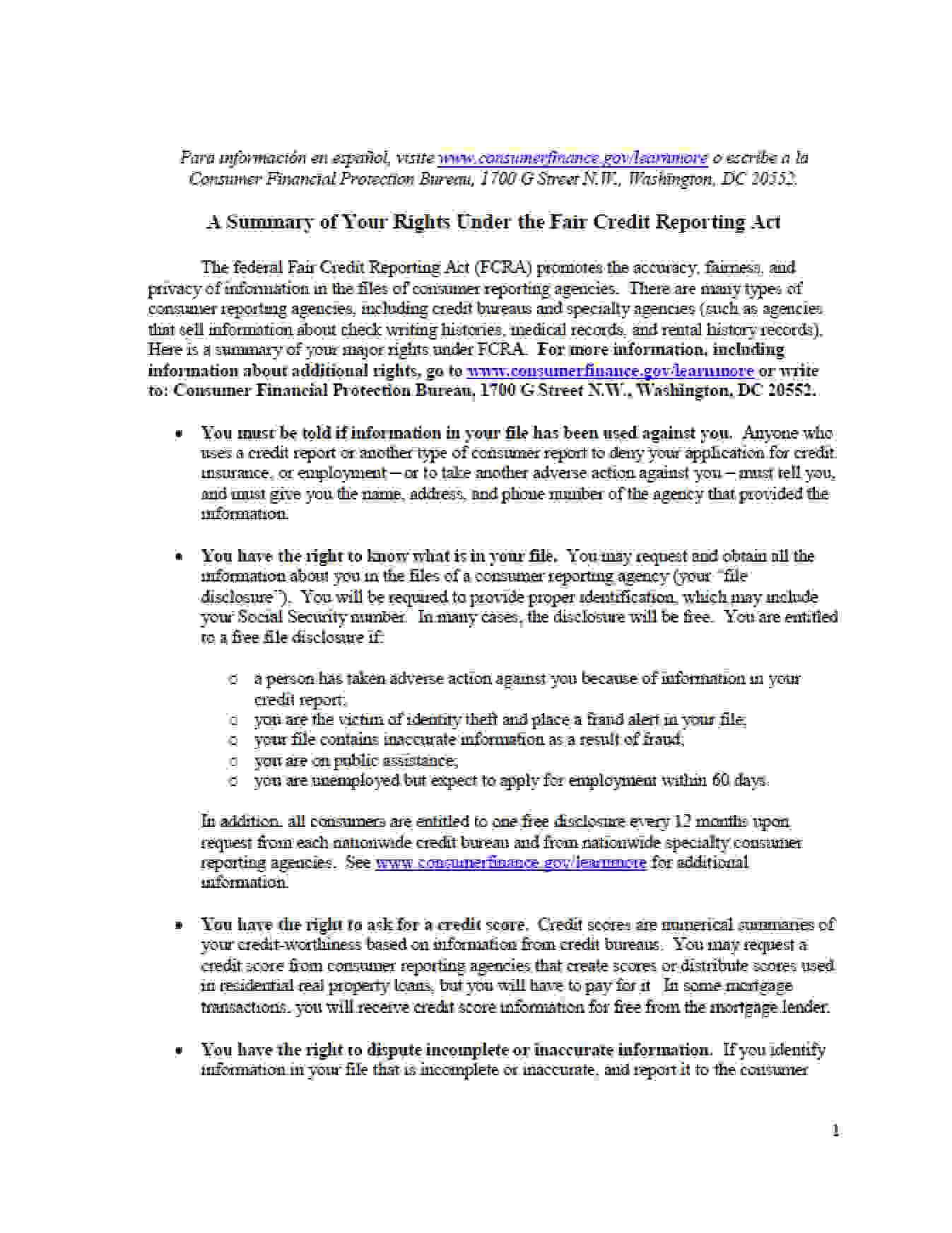 Summary of your rights under the Fair Credit Reporting Act, page 1